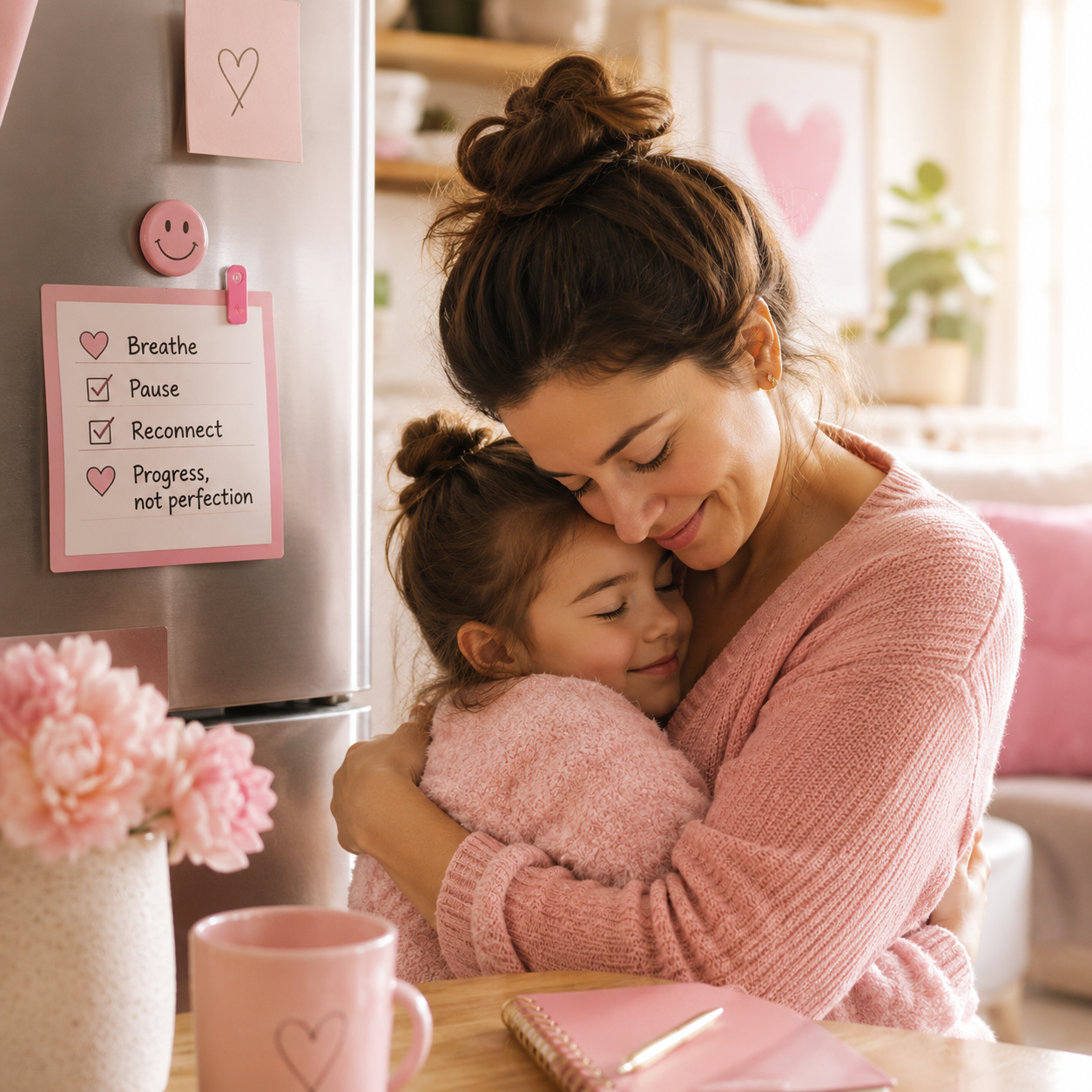 Mother hugging daughter emotional connection