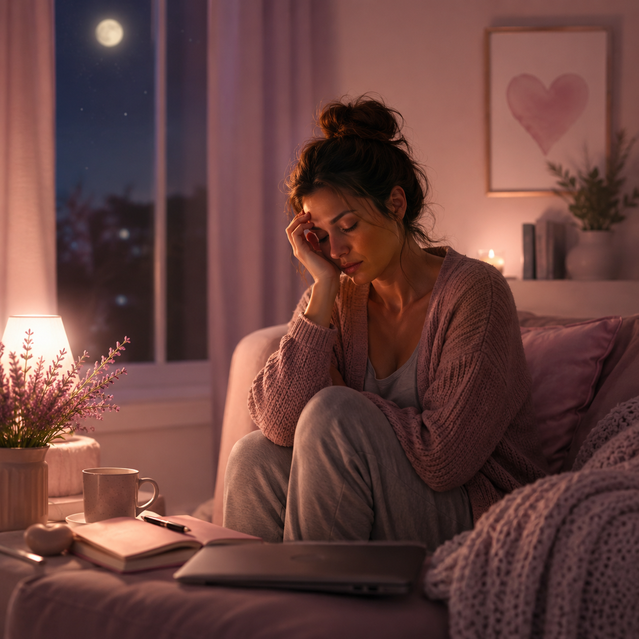 Exhausted mother feeling overwhelmed at night